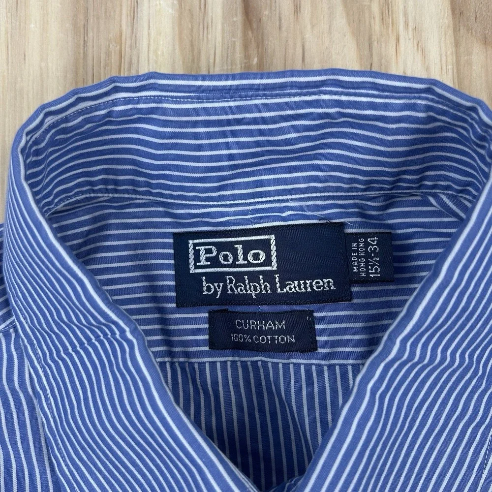 Vintage Polo Ralph Lauren Men's 15.5 34 Blue White Stripe Curham French Cuff